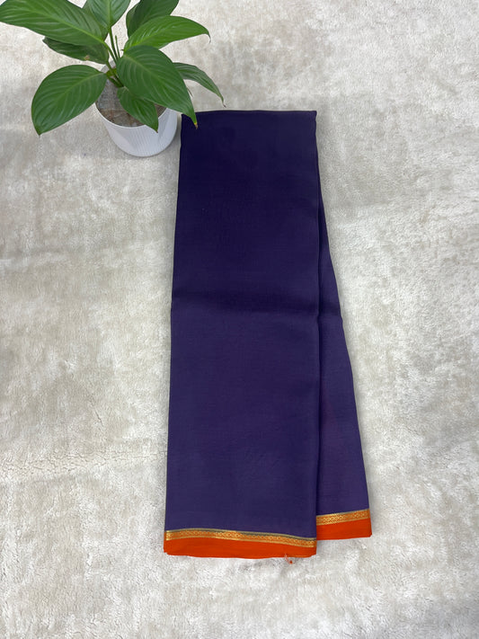 Pure Zari Mysore Silk Saree Half Inch Border In Navy blue With Orange Contrast Color Blouse