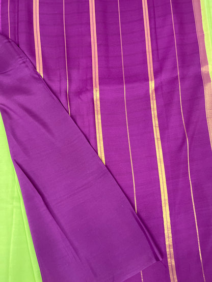 Pure Zari Mysore Silk Saree Elephant Border In Light Green With Pink Contrast Color Blouse