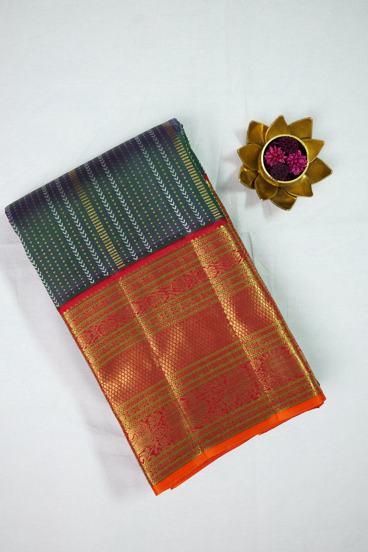 DARK GREEN GOLDEN ZARI VERTICAL STRIPES AND VARISAIPETTU ZARI BORDER PURE KANCHIPURAM SILK SAREE | SILK MARK CERTIFIED