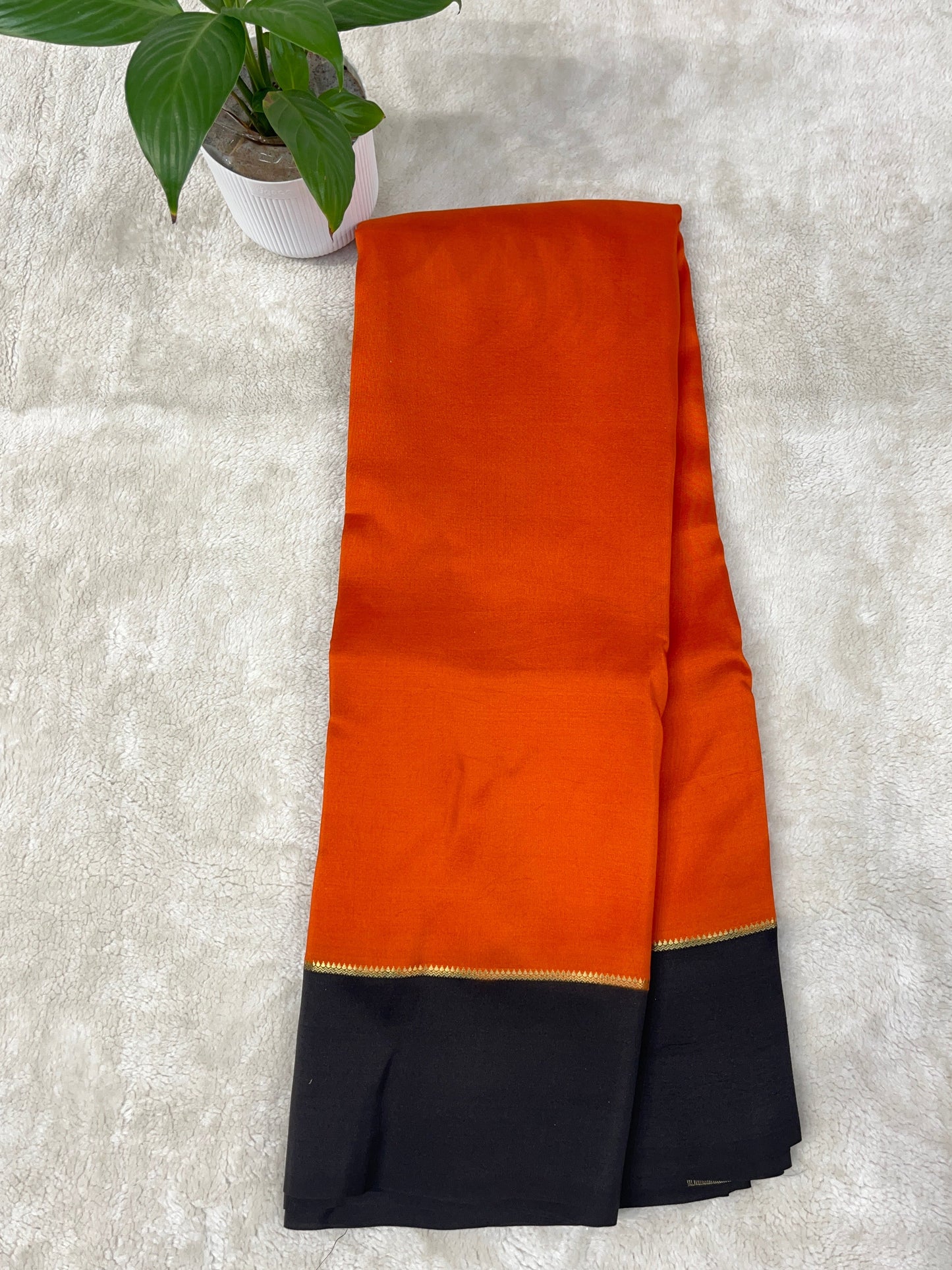 Pure Zari Mysore Silk Saree Bentex Border In Orange With Black Contrast Color