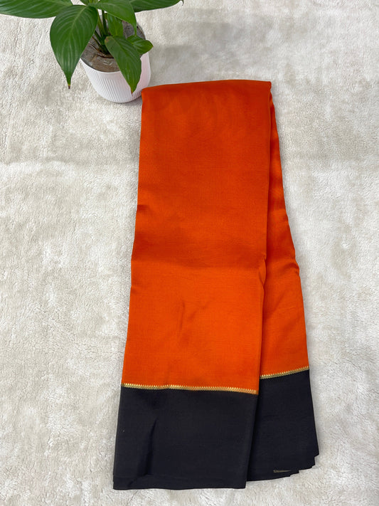 Pure Zari Mysore Silk Saree Bentex Border In Orange With Black Contrast Color