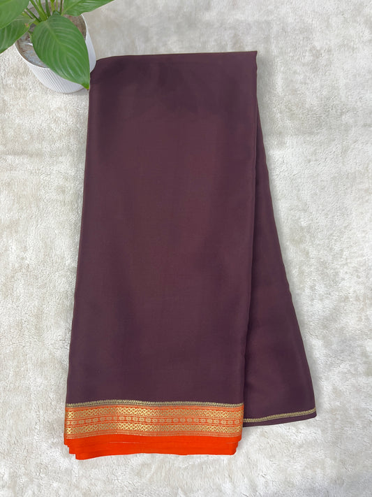 Pure Zari Mysore Silk Saree Floral Gatti Border In Brown With Orange Contrast Color Blouse