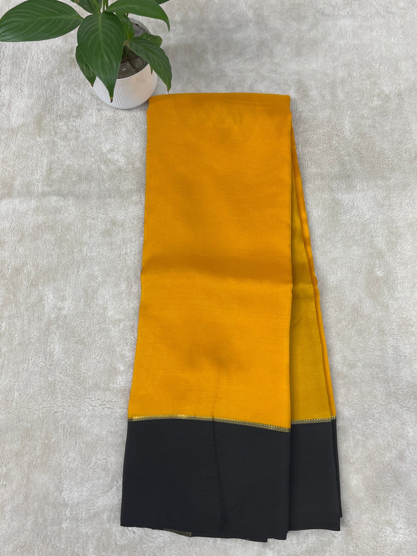 Pure Zari Mysore Silk Saree Bentex Border In Yellow With Black Contrast Color