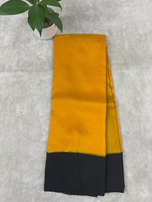Pure Zari Mysore Silk Saree Bentex Border In Yellow With Black Contrast Color