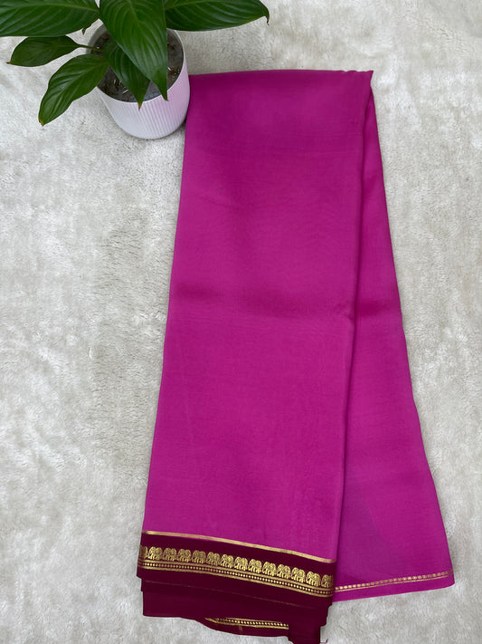Pure Zari Mysore Silk Saree Elephant Border In Pink With Wine Contrast Color Blouse