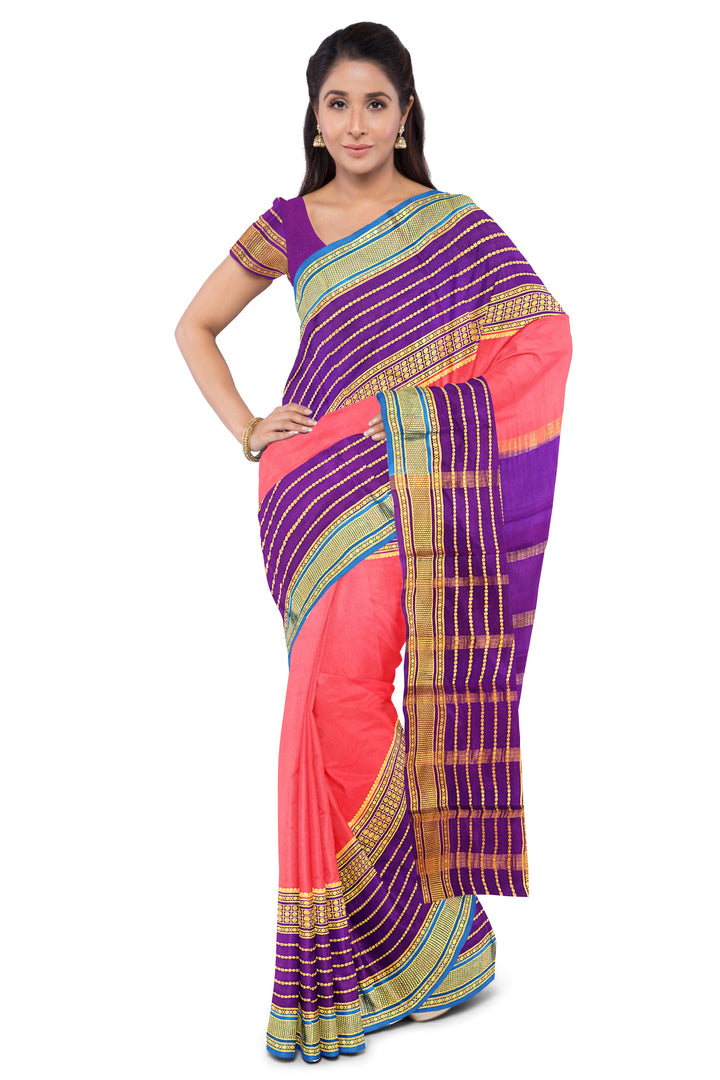 Peach Pink Pure Mysore Crepe Silk 3D Saree | SILK MARK CERTIFIED