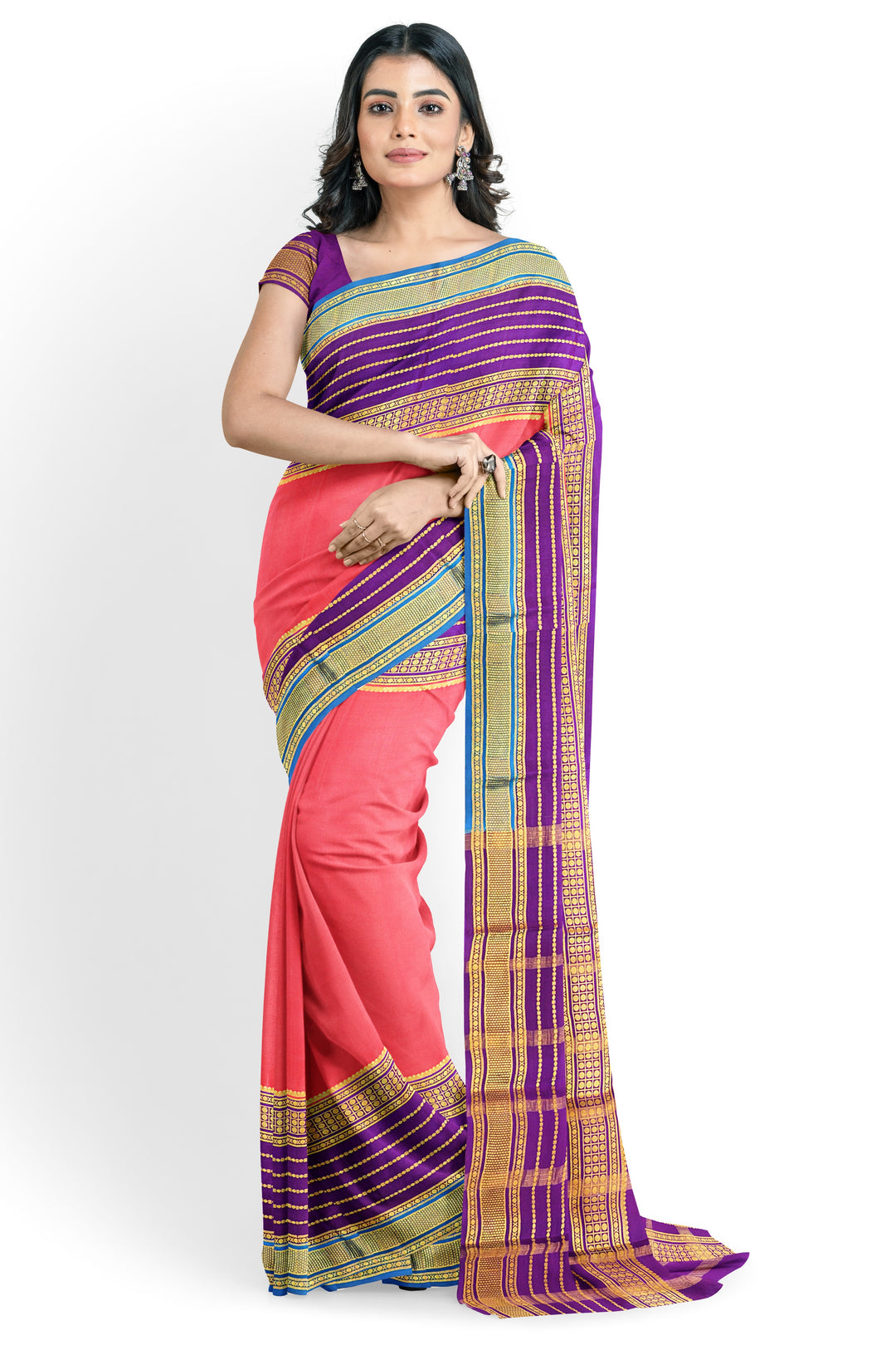 Peach Pink Pure Mysore Crepe Silk 3D Saree | SILK MARK CERTIFIED