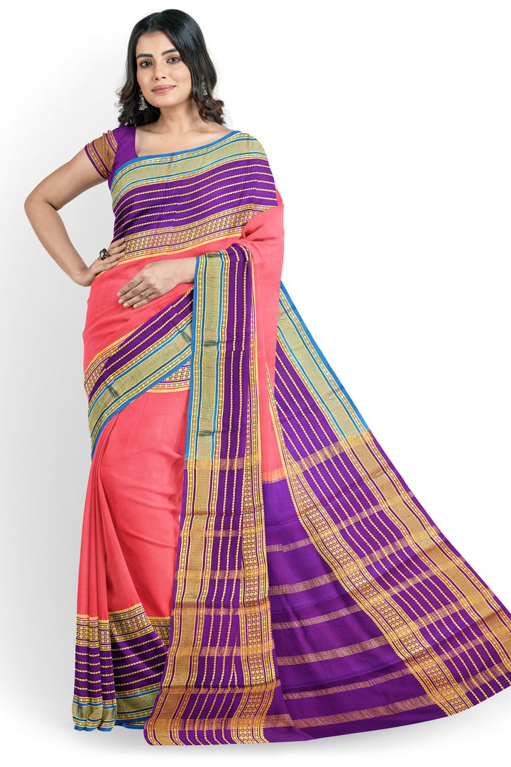 Peach Pink Pure Mysore Crepe Silk 3D Saree | SILK MARK CERTIFIED