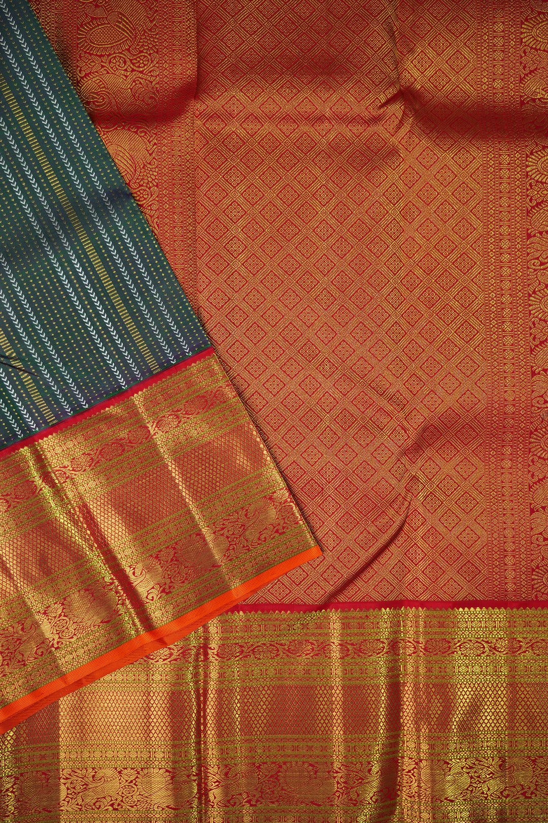 DARK GREEN GOLDEN ZARI VERTICAL STRIPES AND VARISAIPETTU ZARI BORDER PURE KANCHIPURAM SILK SAREE | SILK MARK CERTIFIED