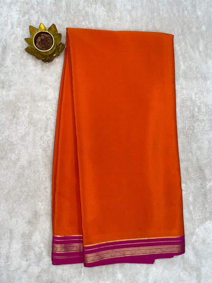 Two Line One Inch Border in Gold Lace Mysore silk saree In Orange With Pink Contrast Color