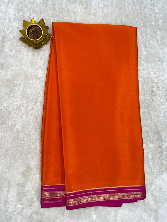 Two Line One Inch Border in Gold Lace Mysore silk saree In Orange With Pink Contrast Color