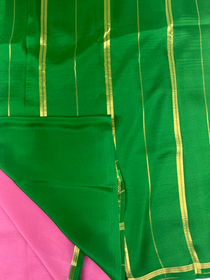 Pure Zari Mysore Silk Saree Half Inch Border In Onion Pink With Green Contrast Color Blouse