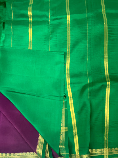 Pure Zari Mysore Silk Saree Two Mango Border In Wine With Green Contrast Color Blouse