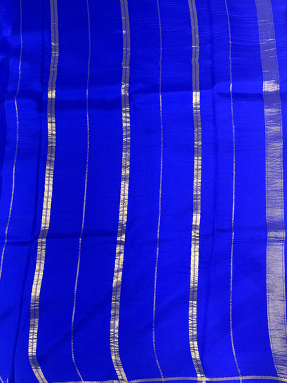 Pure Zari Mysore Silk Saree Leaf Border In Royal Blue With Self Color Blouse
