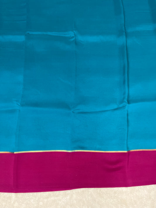 Pure Zari Mysore Silk Saree Bentex Border In Blue With Pink Contrast Color