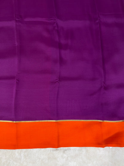 Pure Zari Mysore Silk Saree Bentex Border In Puple With Orange Contrast Color