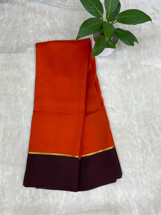 Pure Zari Mysore Silk Saree Bentex Border In Orange With Brown Contrast Color