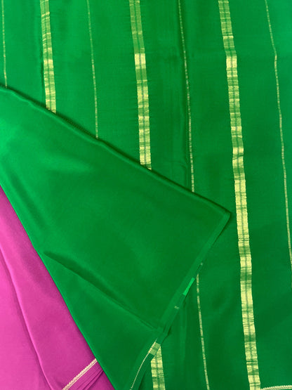 Pure Zari Mysore Silk Saree Floral Gatti Border In Pink With Green Contrast Color Blouse