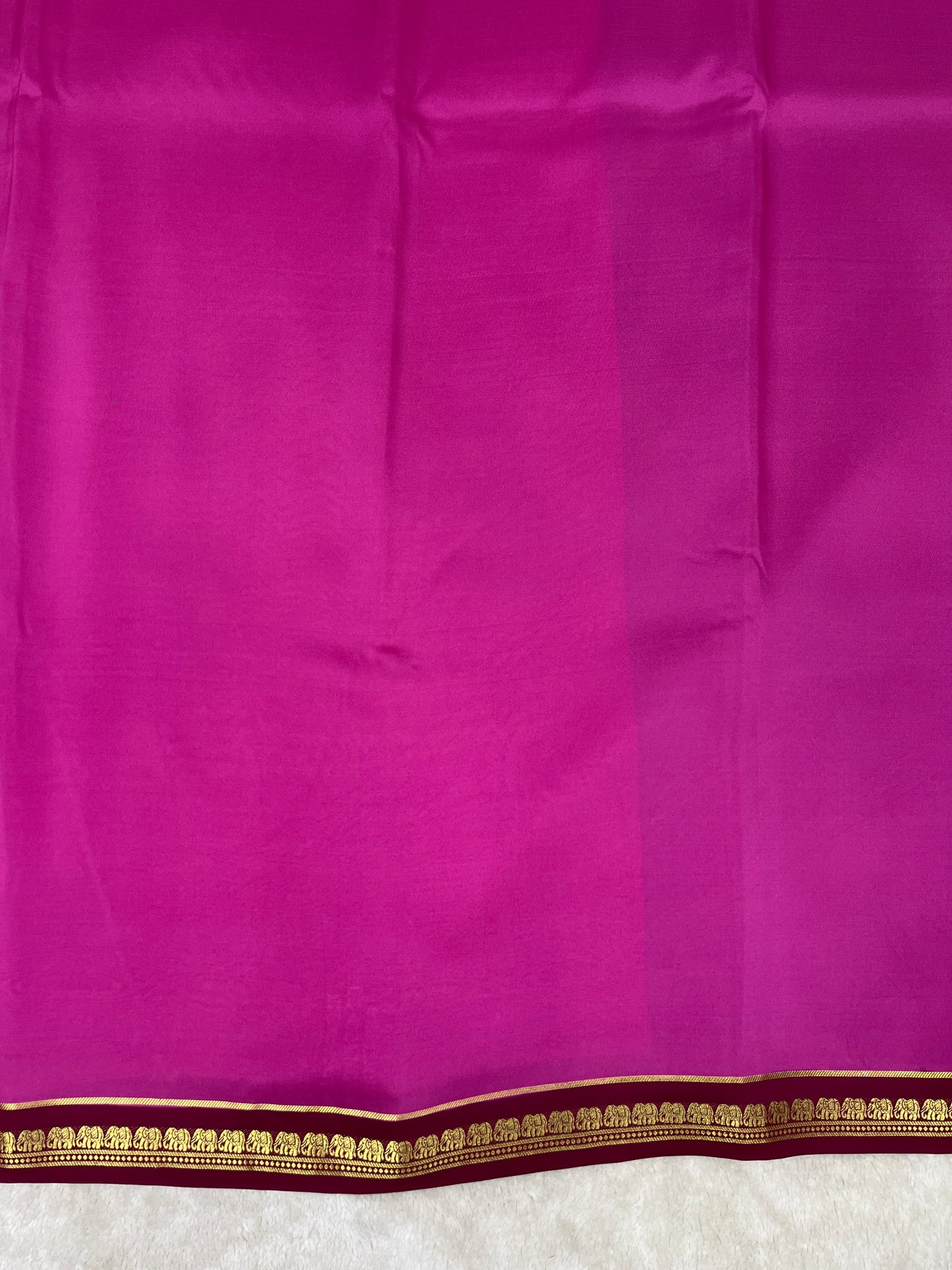 Pure Zari Mysore Silk Saree Elephant Border In Pink With Wine Contrast Color Blouse