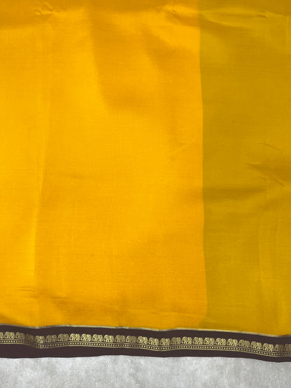 Pure Zari Mysore Silk Saree Elephant Border In Yellow With Brown Contrast Color Blouse