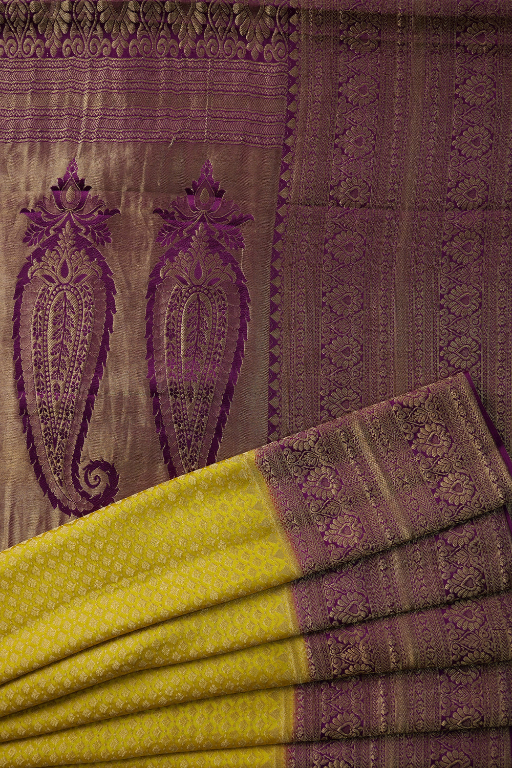 PURE MYSORE SILK SAREE IN RADIANT YELLOW WITH BROCADE DETAILING AND CONTRAST BORDER 