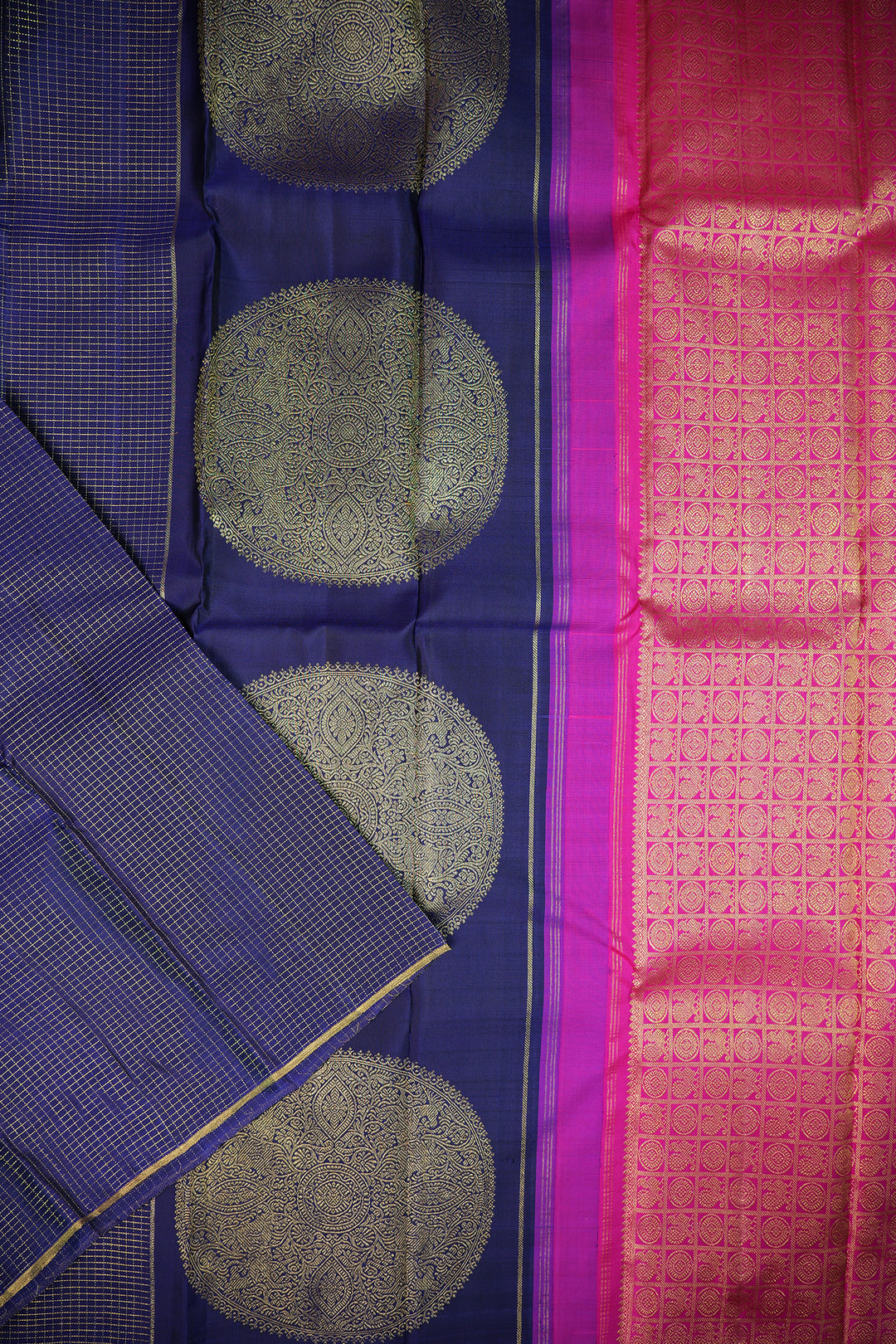 DARK INDIGO GOLD ZARI CHECKS PURE KANCHIPURAM BORDERLESS SILK SAREE- 2Gram | SILK MARK CERTIFIED