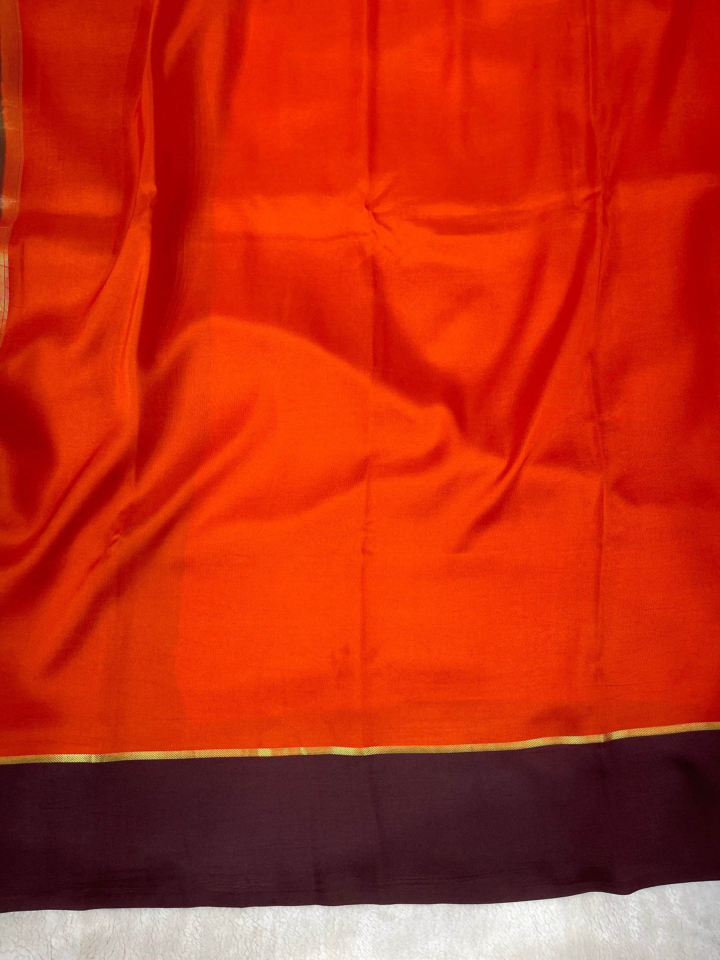 Pure Zari Mysore Silk Saree Bentex Border In Orange With Brown Contrast Color