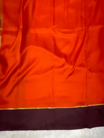 Pure Zari Mysore Silk Saree Bentex Border In Orange With Brown Contrast Color