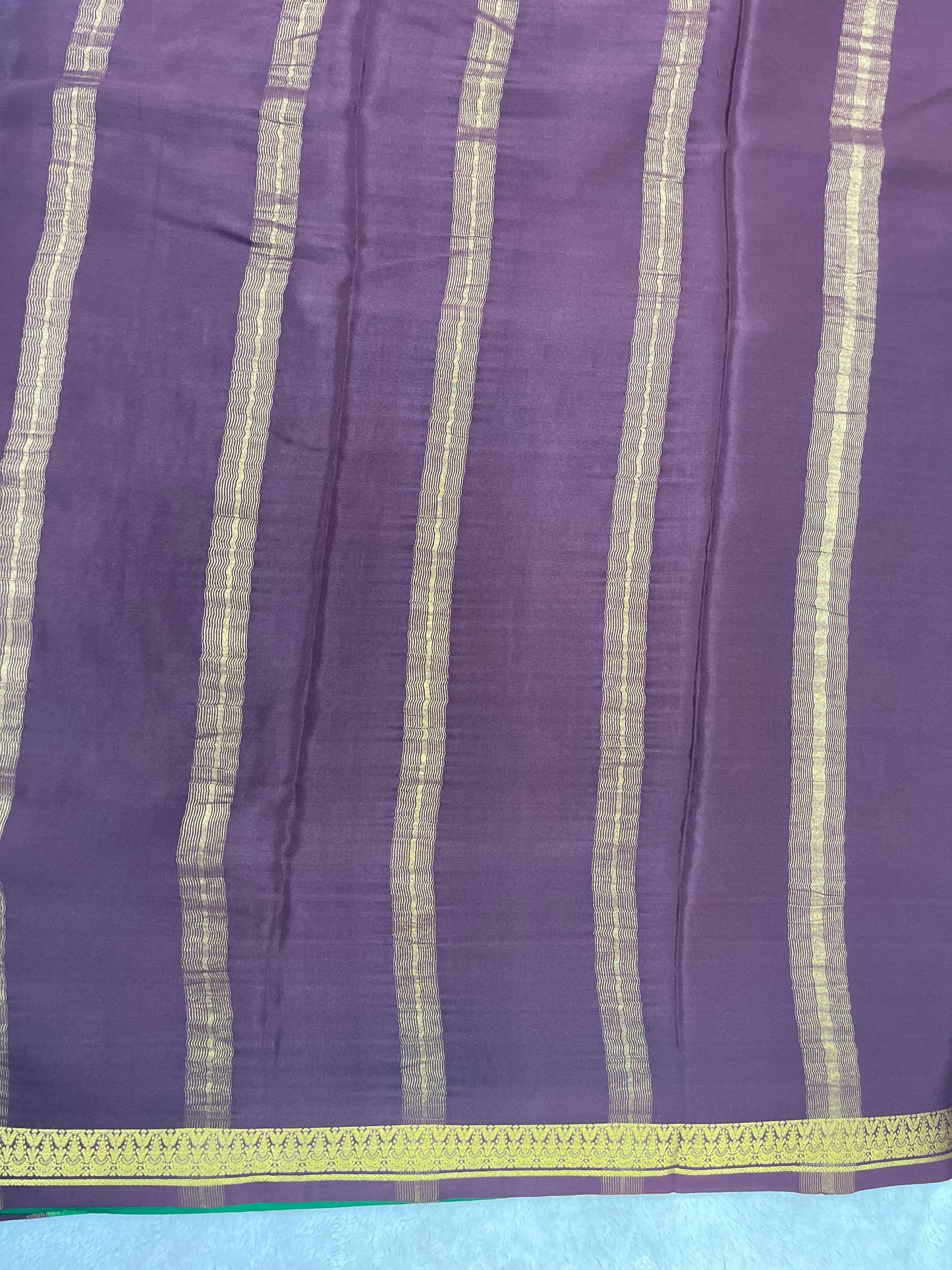 Pure crepe Mysore silk saree butta in Pink , Green and Brown contrast Colour Blouse