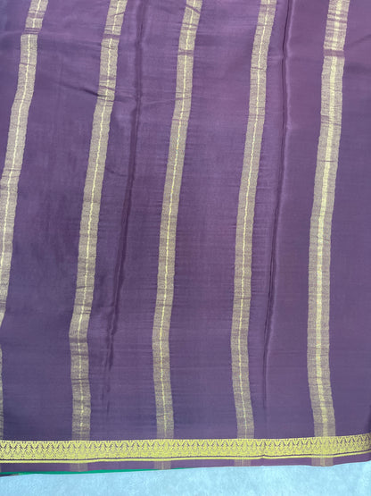 Pure crepe Mysore silk saree butta in Pink , Green and Brown contrast Colour Blouse