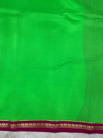 Pure Zari Mysore Silk Saree Elephant Border In Parrot Green With Wine Contrast Color Blouse