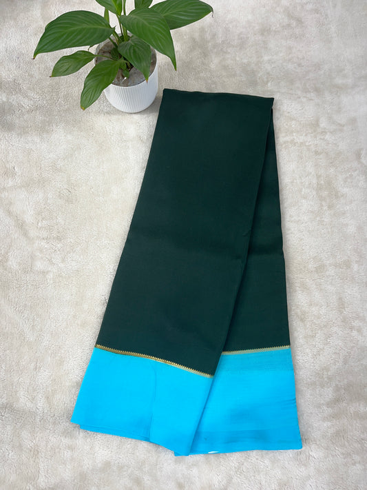Pure Zari Mysore Silk Saree Bentex Border In Botle Green With Blue Contrast Color