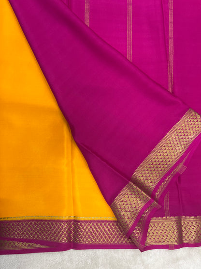 Pure crepe Mysore silk saree plain in Yellow with Pink contrast Blouse