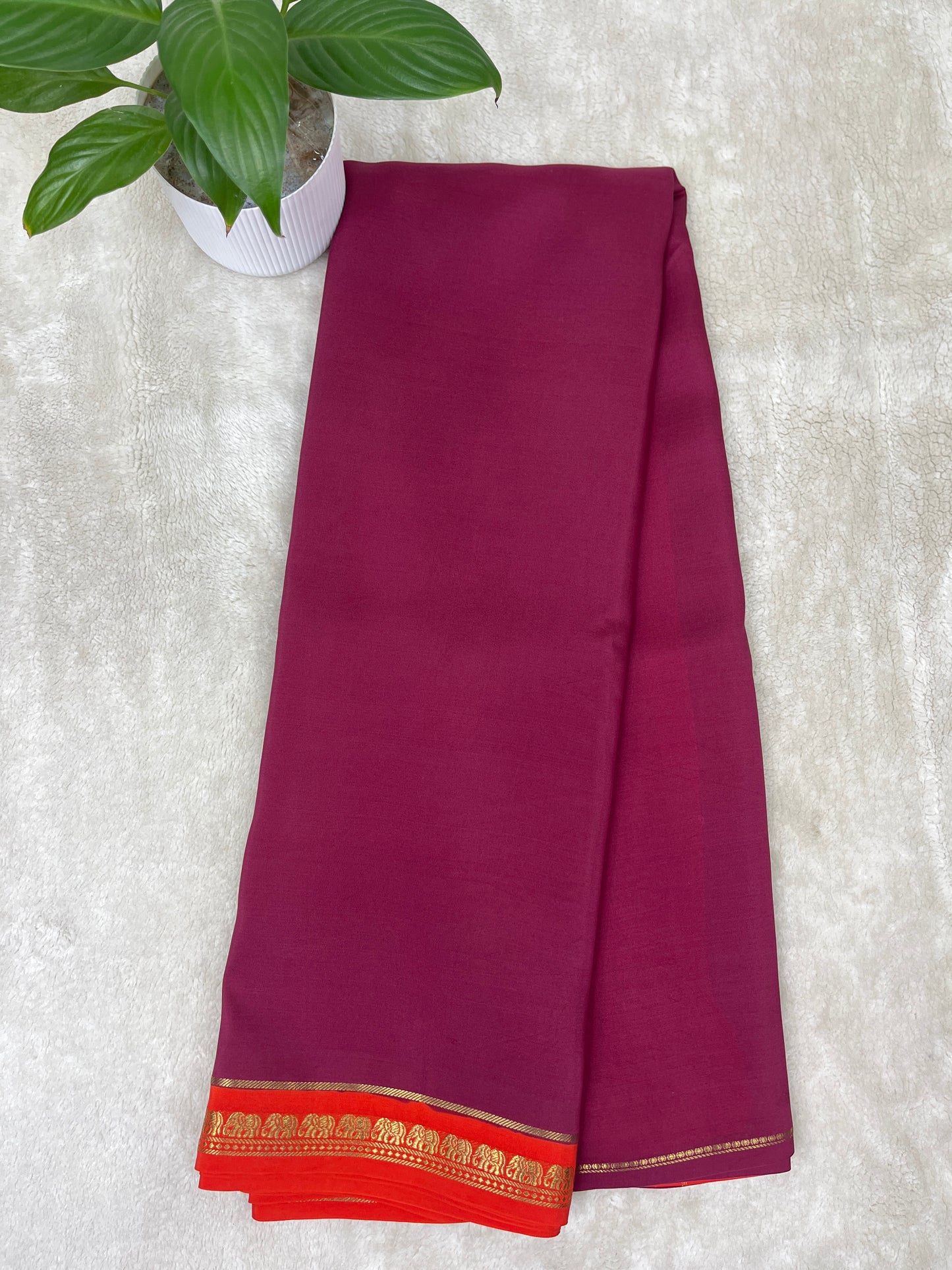 Pure Zari Mysore Silk Saree Elephant Border In Wine With Orange Contrast Color Blouse