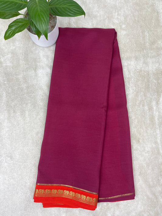 Pure Zari Mysore Silk Saree Elephant Border In Wine With Orange Contrast Color Blouse