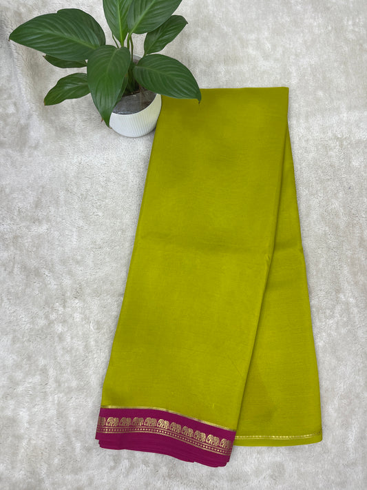 Pure Zari Mysore Silk Saree Elephant Border In Green With Pink Contrast Color Blouse