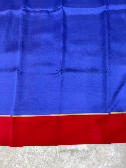 Pure Zari Mysore Silk Saree Bentex Border In Blue With Red Contrast Color