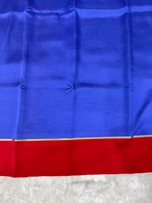 Pure Zari Mysore Silk Saree Bentex Border In Blue With Red Contrast Color