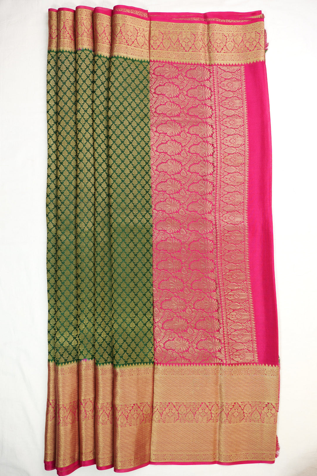 PURE MYSORE SILK SAREE IN GREEN COLOUR WITH BROCADE DETAILING AND CONTRAST BORDER | SILK MARK CERTIFIED
