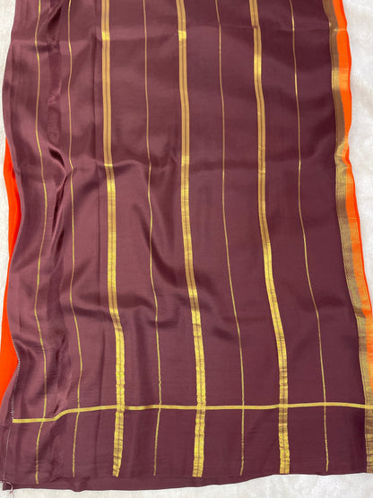 Pure Zari Mysore Silk Saree Bentex Border In Orange With Brown Contrast Color