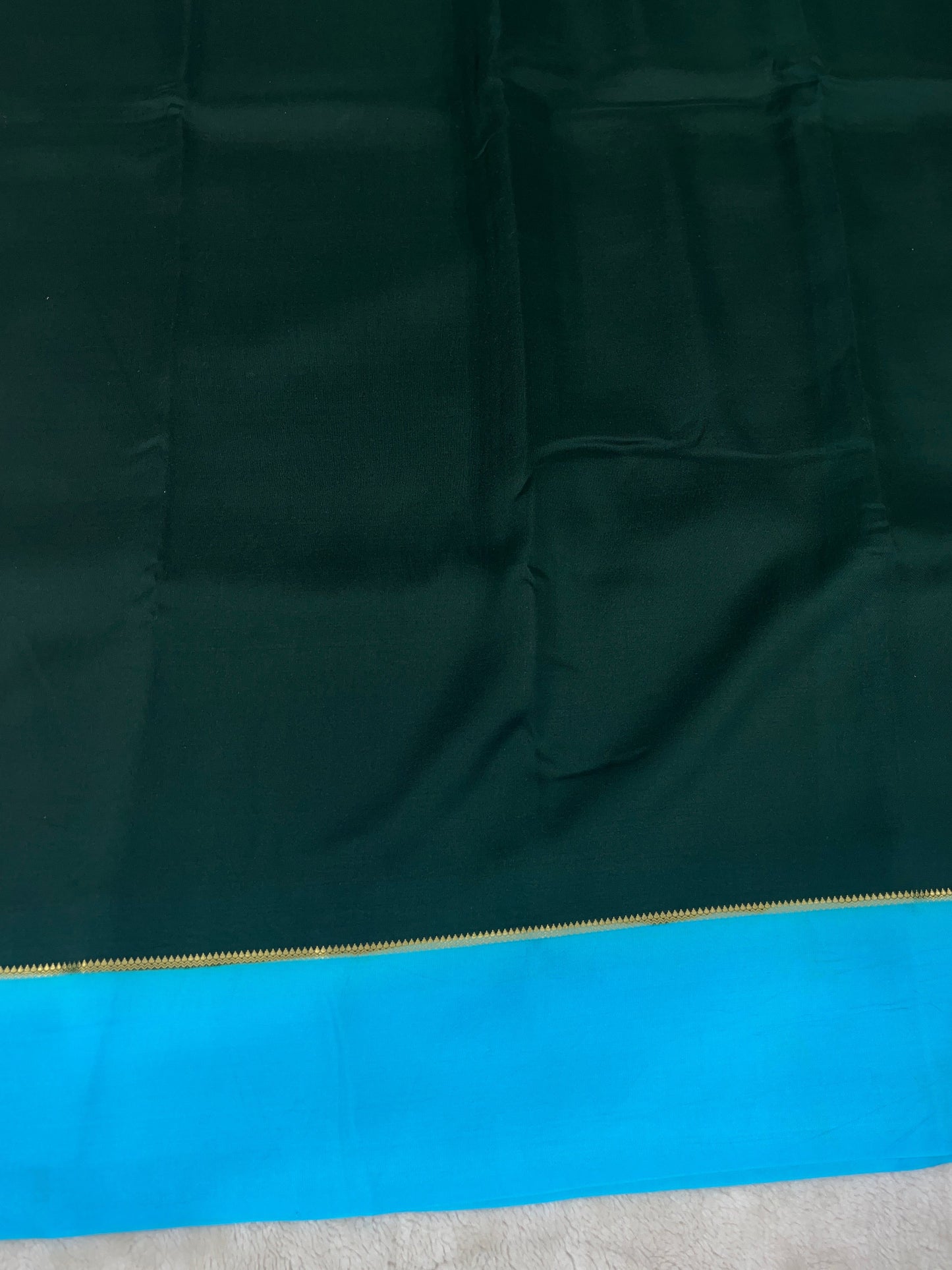Pure Zari Mysore Silk Saree Bentex Border In Botle Green With Blue Contrast Color