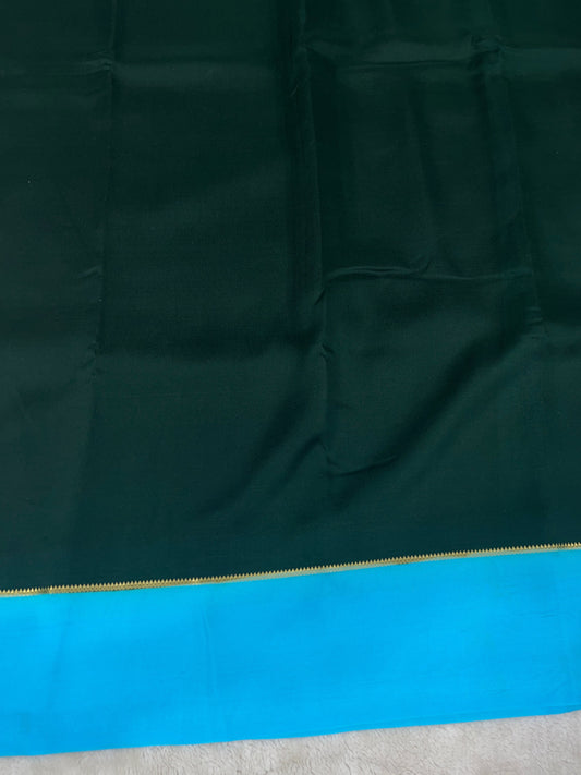 Pure Zari Mysore Silk Saree Bentex Border In Botle Green With Blue Contrast Color