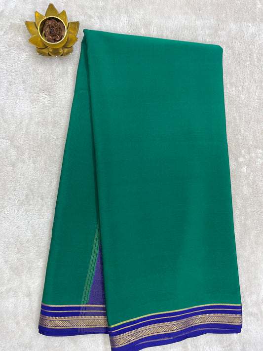 Two Line One Inch Border in Gold Lace Mysore silk saree In Green With Blue Contrast Color