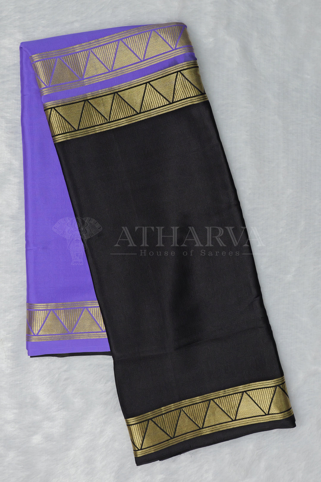 Violet and Black Pure Mysore Crepe Silk Saree In half & half pattern