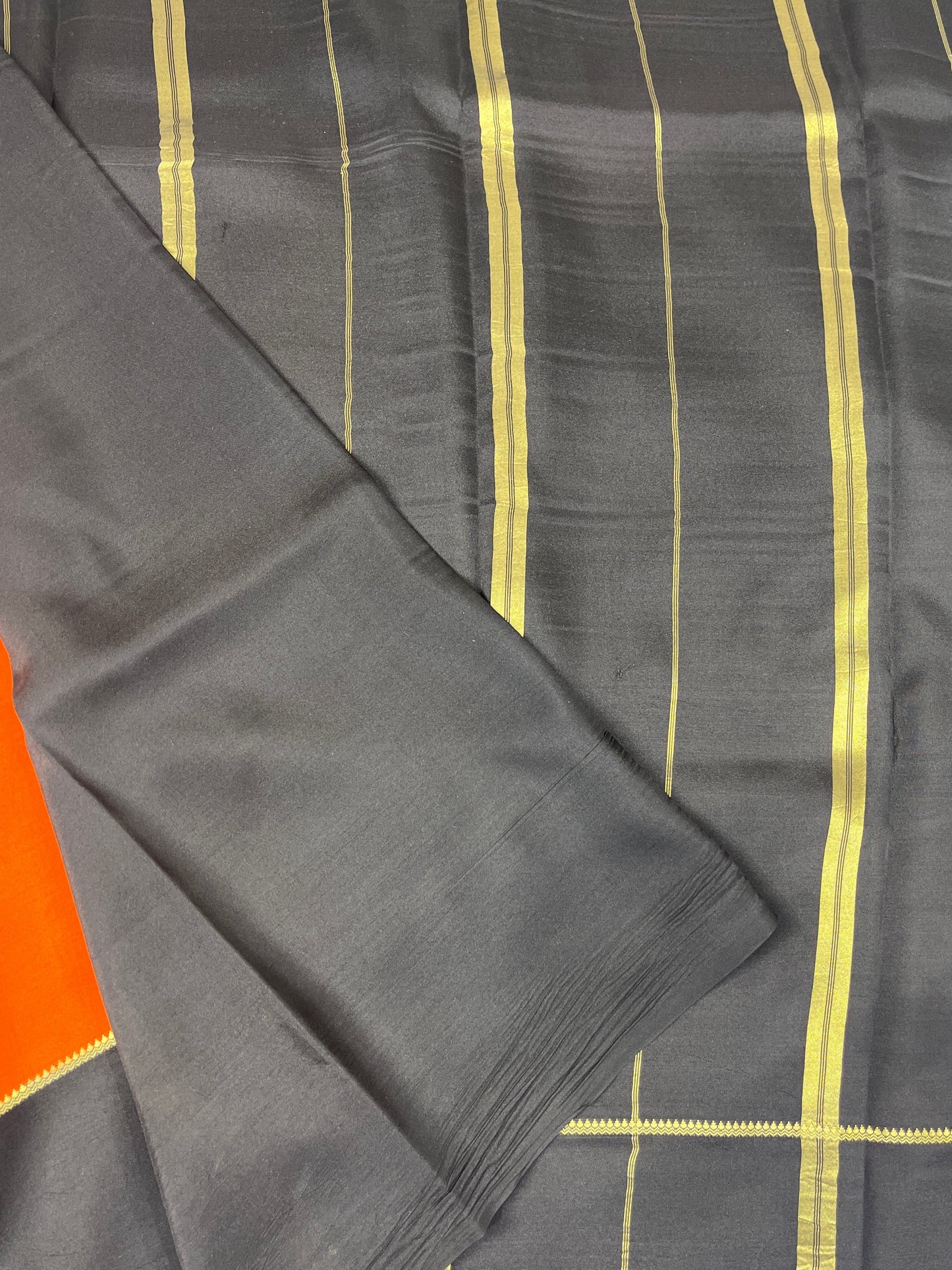Pure Zari Mysore Silk Saree Bentex Border In Orange With Black Contrast Color