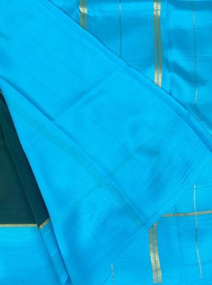 Pure Zari Mysore Silk Saree Bentex Border In Botle Green With Blue Contrast Color