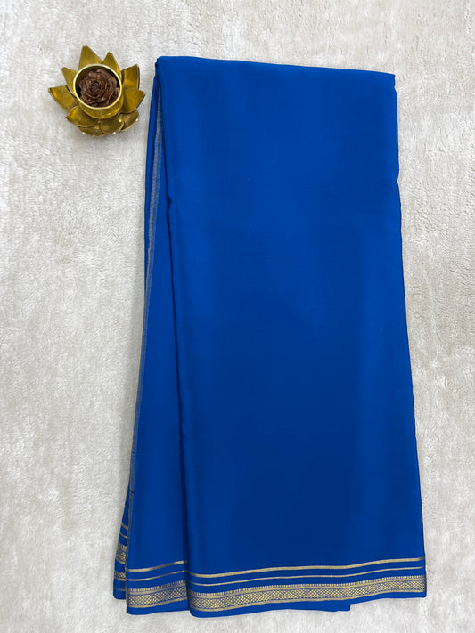 Two Line One Inch Border in Gold Lace Mysore silk saree In Self Blue Color