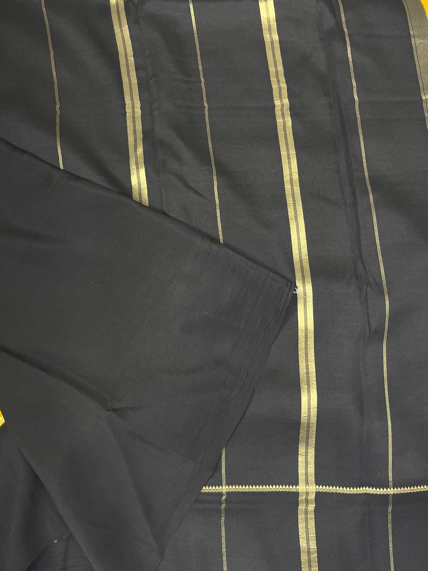 Pure Zari Mysore Silk Saree Bentex Border In Yellow With Black Contrast Color