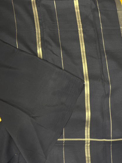 Pure Zari Mysore Silk Saree Bentex Border In Yellow With Black Contrast Color