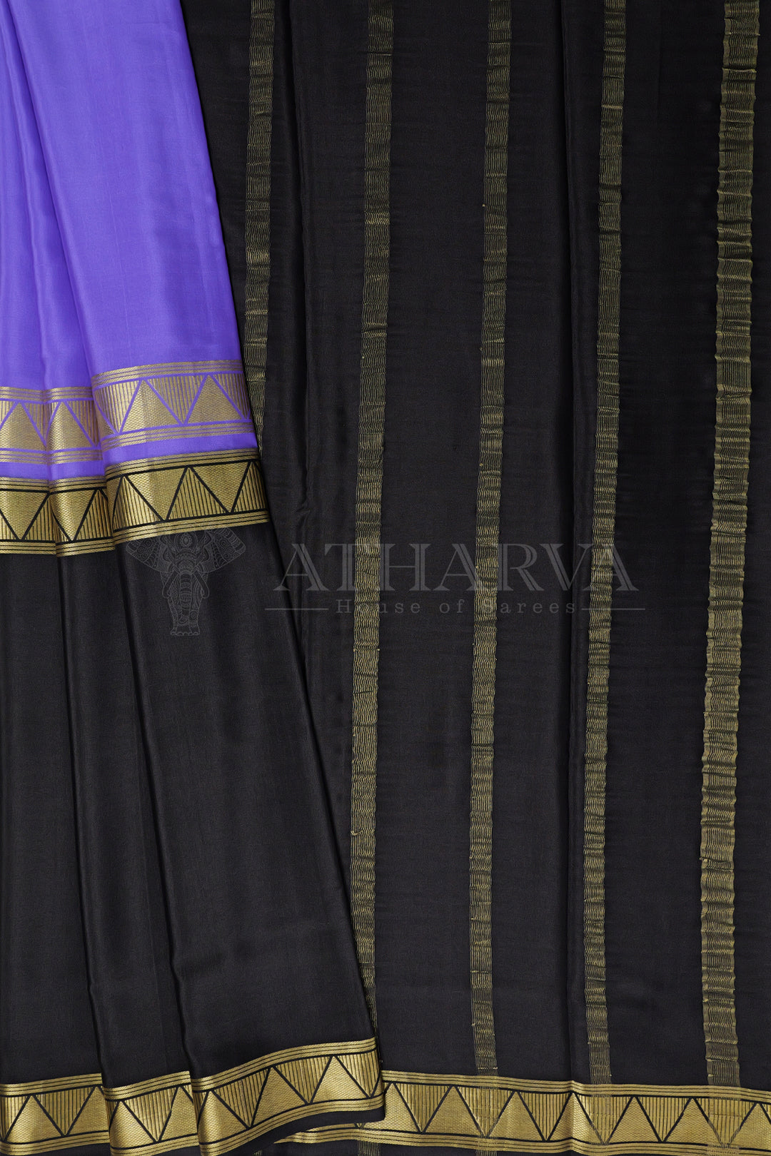 Violet and Black Pure Mysore Crepe Silk Saree In half & half pattern